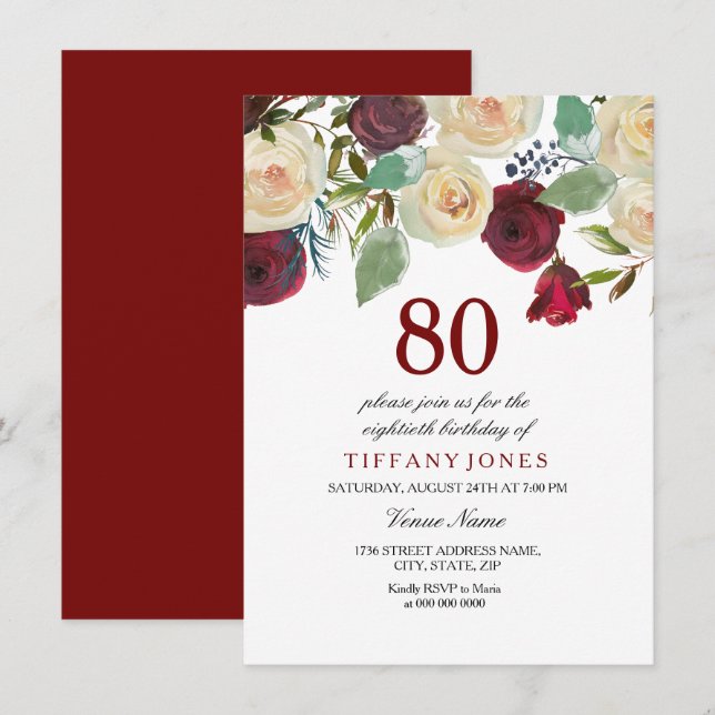 Burgundy Red Champagne white roses 80th birthday Invitation (Front/Back)