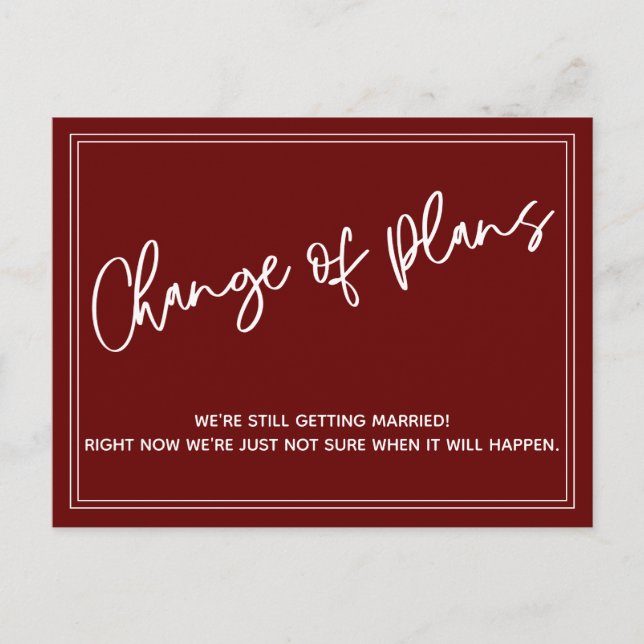 Burgundy Red Change of Plans Postponed Wedding Postcard (Front)