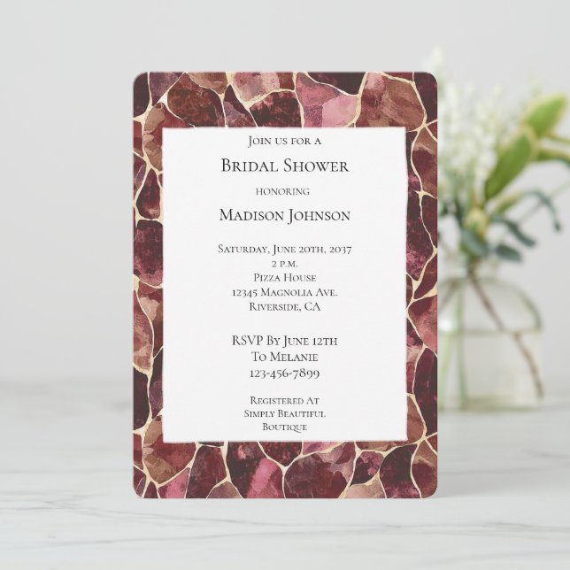 Burgundy Red Chic Abstract Bridal Shower Invitation (Standing Front)
