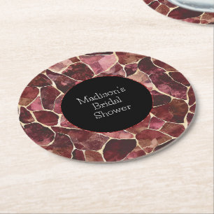 Burgundy Red Chic Abstract Bridal Shower Round Paper Coaster