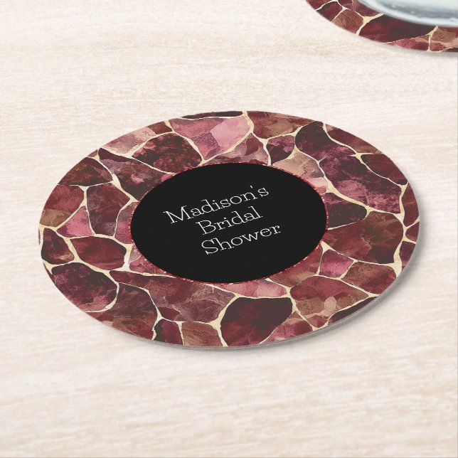 Burgundy Red Chic Abstract Bridal Shower Round Paper Coaster (Angled)
