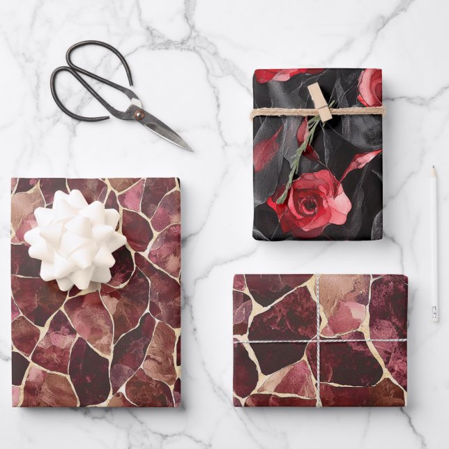 Burgundy Red Chic Abstract Bridal Shower Wrapping Paper Sheet (Front)