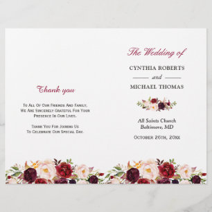 Burgundy Red Chic Floral Folded Wedding Program