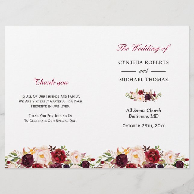 Burgundy Red Chic Floral Folded Wedding Program (Front)