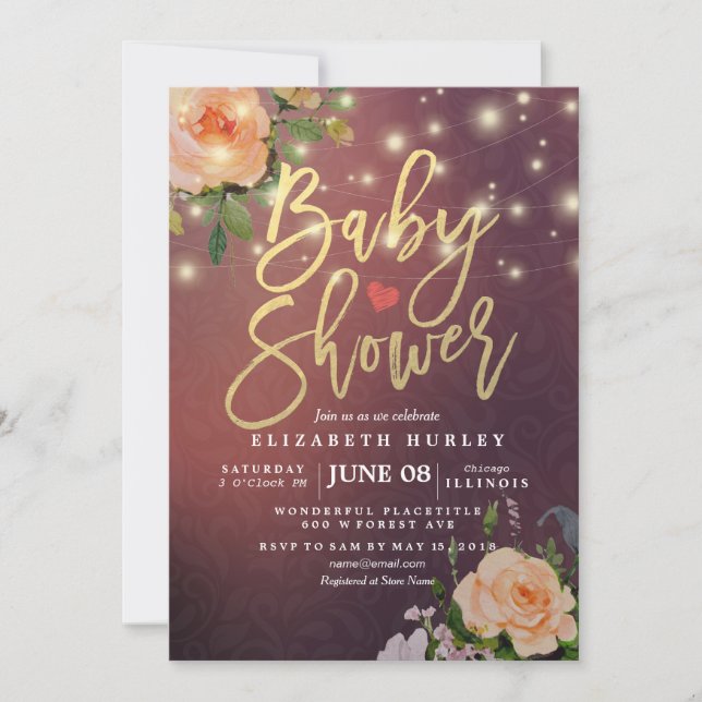 Burgundy Red Chic Floral String Lights Baby Shower Invitation (Front)