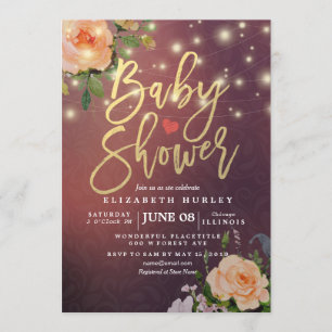 Burgundy Red Chic Floral String Lights Baby Shower Invitation