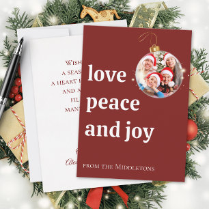 Burgundy Red Christmas Family Photo Love Peace Joy Holiday Card