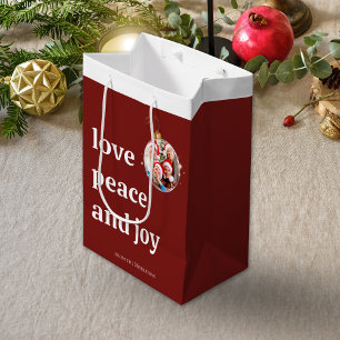 Burgundy Red Christmas Family Photo Love Peace Joy Medium Gift Bag