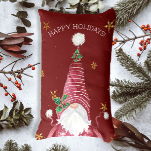 Burgundy Red Christmas Gnome Watercolor Holly Star Lumbar Cushion