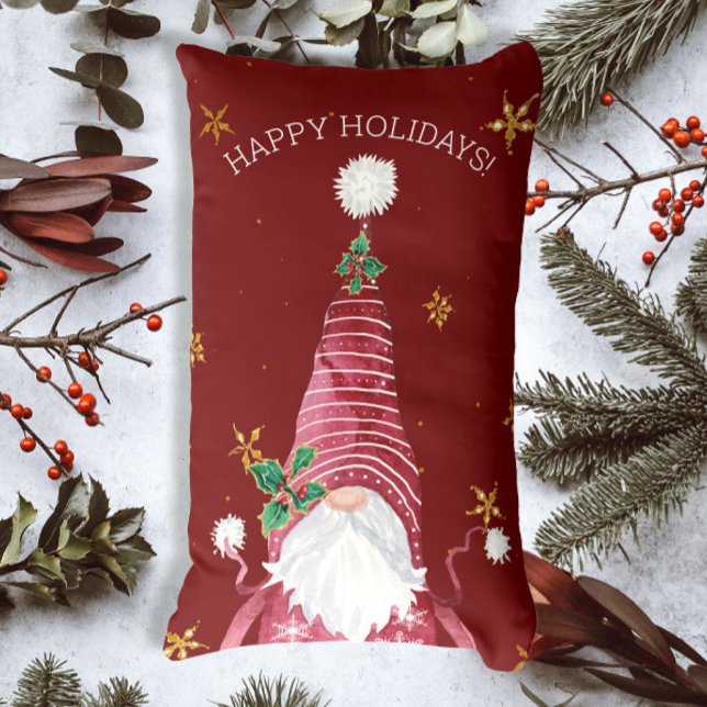 Burgundy Red Christmas Gnome Watercolor Holly Star Lumbar Cushion (Creator Uploaded)