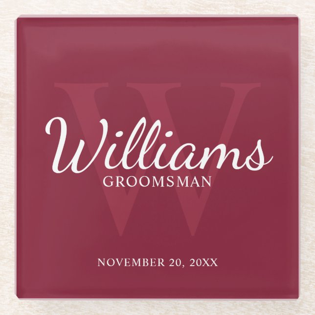 Burgundy Red Classic Script Personalised Groomsmen Glass Coaster (Front)