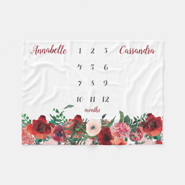 Burgundy Red Coral Floral Rose Twin Milestone Baby Fleece Blanket (Front (Horizontal))