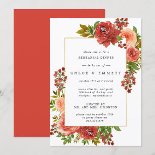 Burgundy Red Coral Pink Floral Rehearsal Dinner Invitation