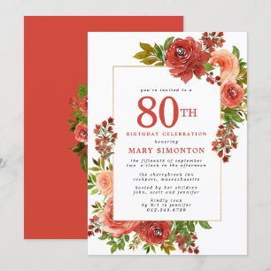 Burgundy Red Coral Pink Rose 80th Birthday Invitation