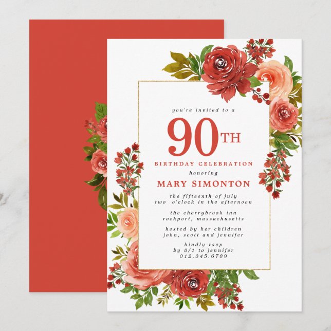Burgundy Red Coral Pink Rose 90th Birthday Invitation (Front/Back)