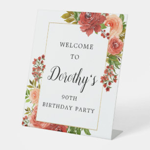 Burgundy Red Coral Pink Rose 90th Birthday Pedestal Sign