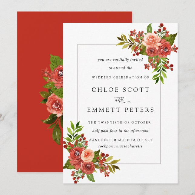 Burgundy Red Coral Pink Rose Wedding Invitation (Front/Back)