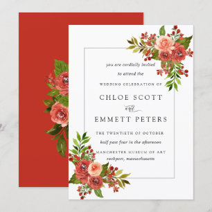 Burgundy Red Coral Pink Rose Wedding Invitation