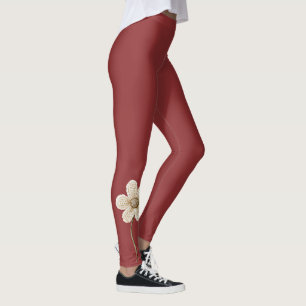 Burgundy Red Cream Faux Knit Flower Leggings