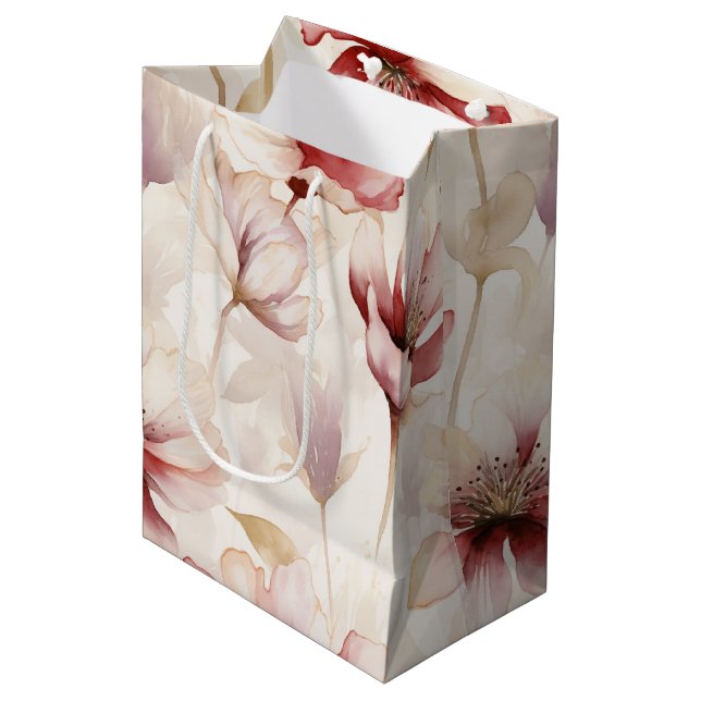 Burgundy Red Cream Floral Bridal Shower Medium Gift Bag (Front Angled)