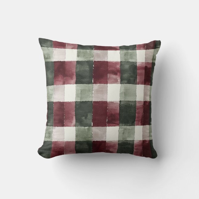 Burgundy Red Cream Green Plaid Christmas Cushion (Front)