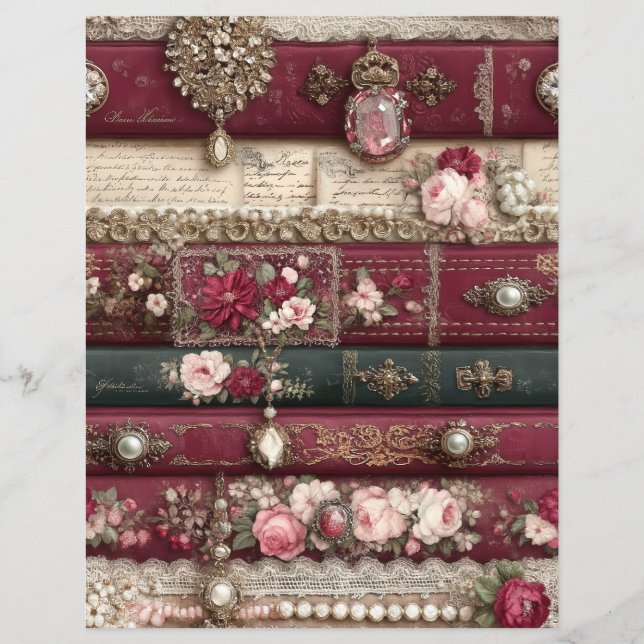 Burgundy Red Cream Junk Journal Scrapbook Paper (Front)