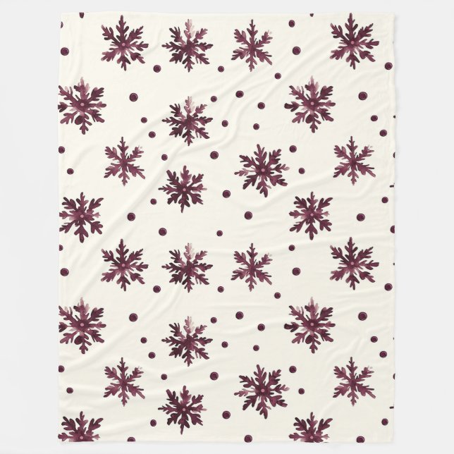 Burgundy Red Cream Snowflakes Christmas Fleece Blanket (Front)
