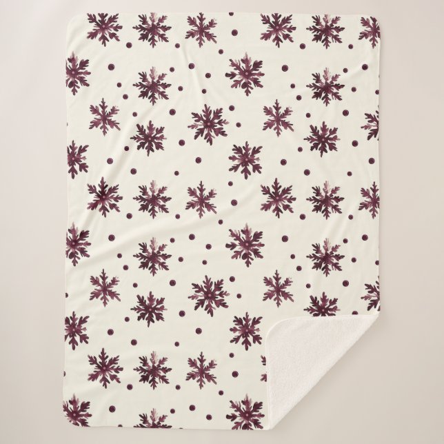 Burgundy Red Cream Snowflakes Christmas Sherpa Blanket (Front)