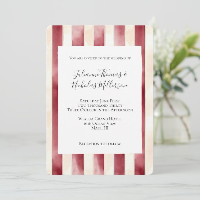 Burgundy Red Cream Stripes Wedding  Invitation (Standing Front)