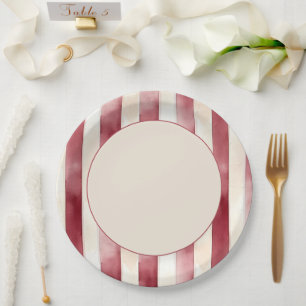 Burgundy Red Cream Stripes Wedding Paper Plate