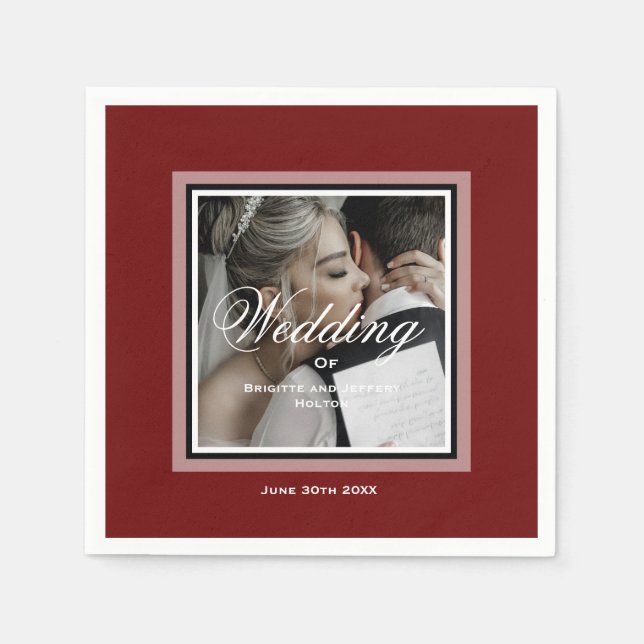 Burgundy red custom wedding couple photo napkin (Front)