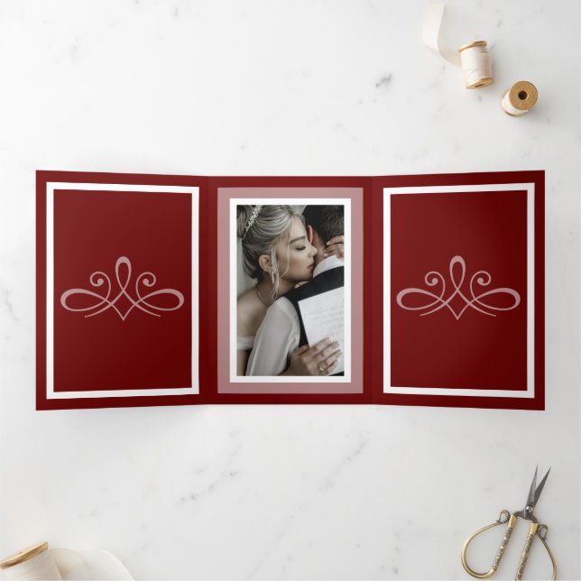Burgundy red customisable wedding photo Tri-Fold programme (Inside)