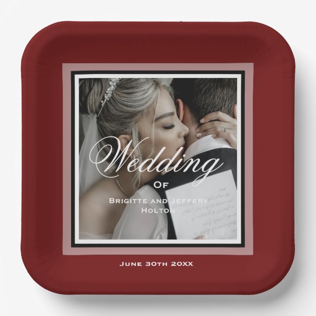 Burgundy red customizable wedding photo paper plate (Front)