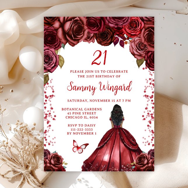 Burgundy Red Dark Skin Princess Birthday Party Invitation (Creator Uploaded)