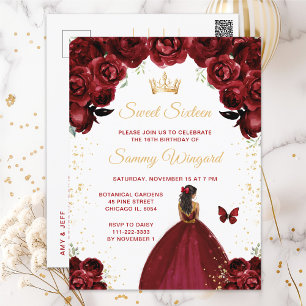 Burgundy Red Dark Skin Princess Sweet Sixteen Postcard