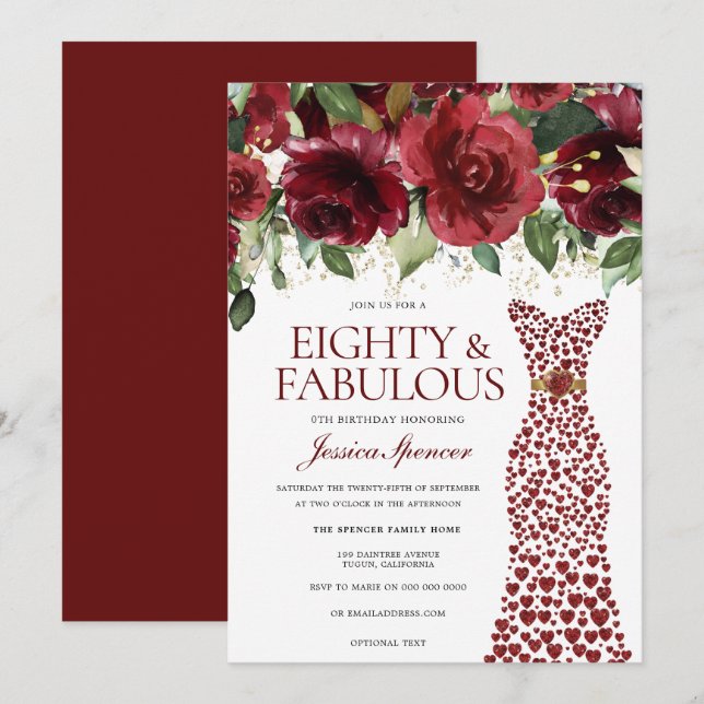 Burgundy Red Dress 80 & Fabulous 80th Birthday Invitation (Front/Back)