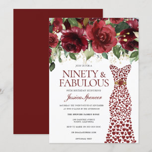Burgundy Red Dress 90 & Fabulous 90th Birthday Invitation