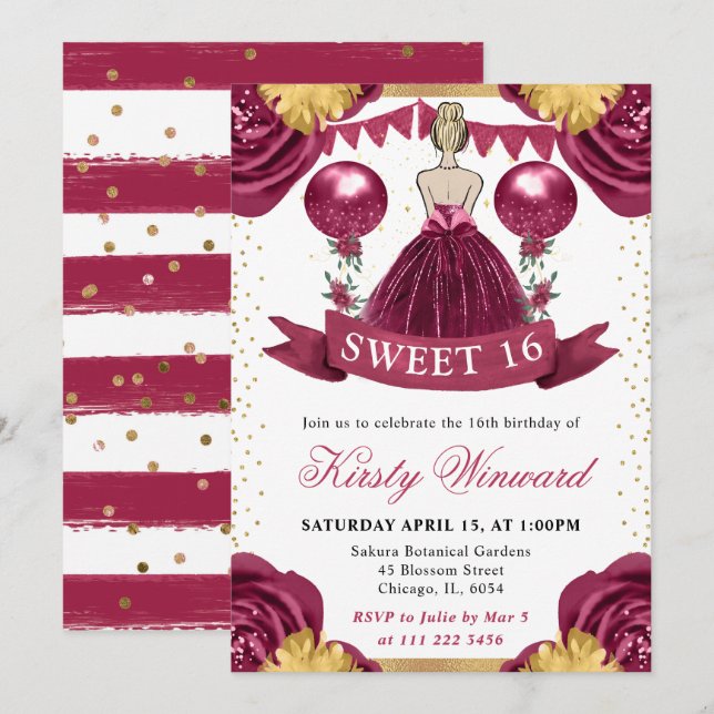 Burgundy Red Dress Blonde Hair Princess Sweet 16 Invitation (Front/Back)