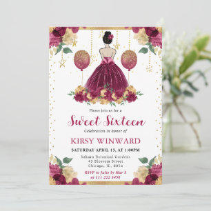 Burgundy Red Dress Brunette Hair Princess Sweet 16 Invitation