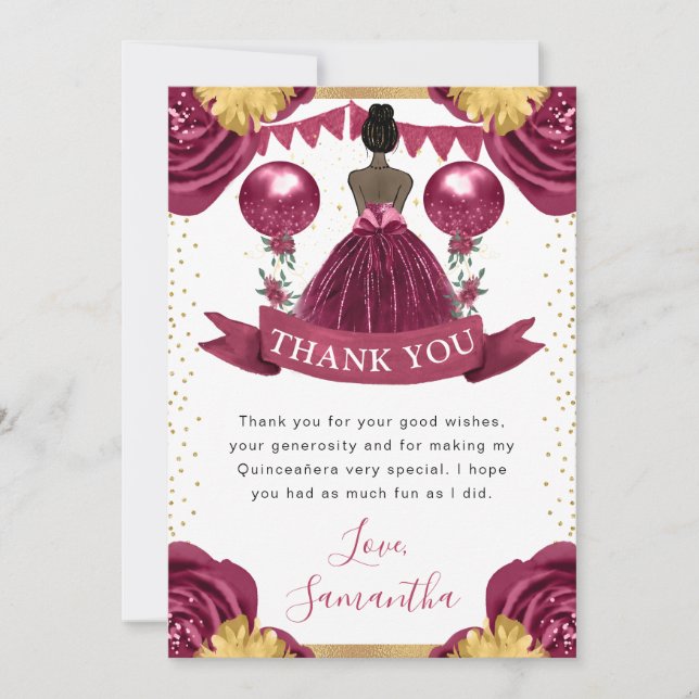 Burgundy Red Dress Dark Skin Princess Quinceanera Thank You Card (Front)
