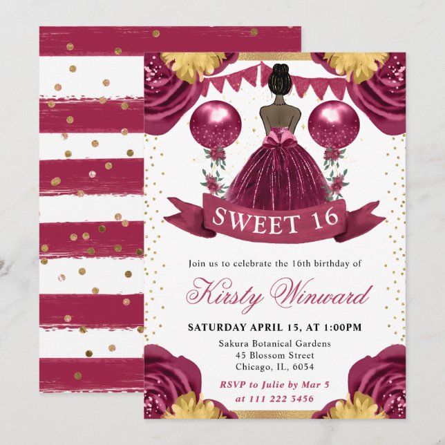 Burgundy Red Dress Dark Skin Princess Sweet 16 Invitation (Front/Back)