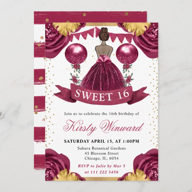 Burgundy Red Dress Dark Skin Princess Sweet 16 Invitation (Front/Back)
