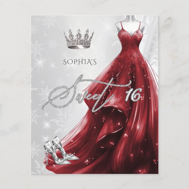 Burgundy Red Dress Snowflakes Sweet 16 Invitation (Front)