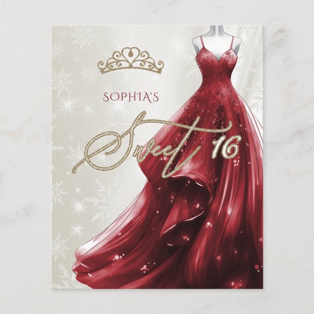 Burgundy Red Dress Snowflakes Sweet 16 Invitation (Front)