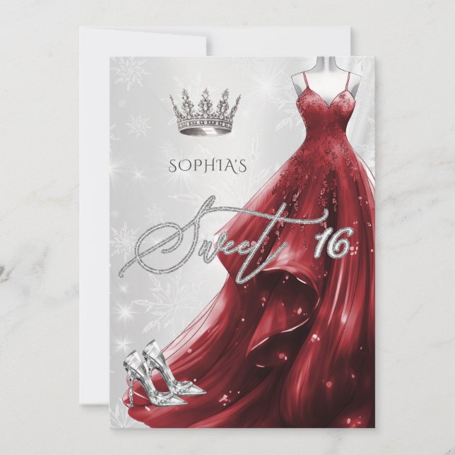 Burgundy Red Dress Snowflakes Winter Sweet 16 Invitation (Front)