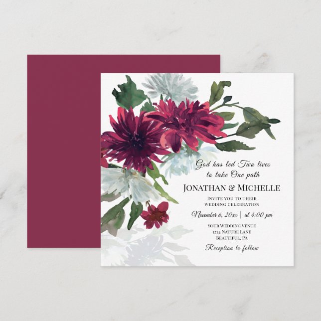 Burgundy Red Dusty Blue Floral Christian Wedding Invitation (Front/Back)