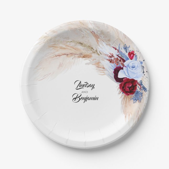 Burgundy Red Dusty Blue Floral Pampas Grass Paper Plate (Front)