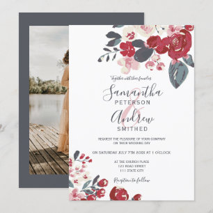 Burgundy red dusty blue floral photo wedding invitation