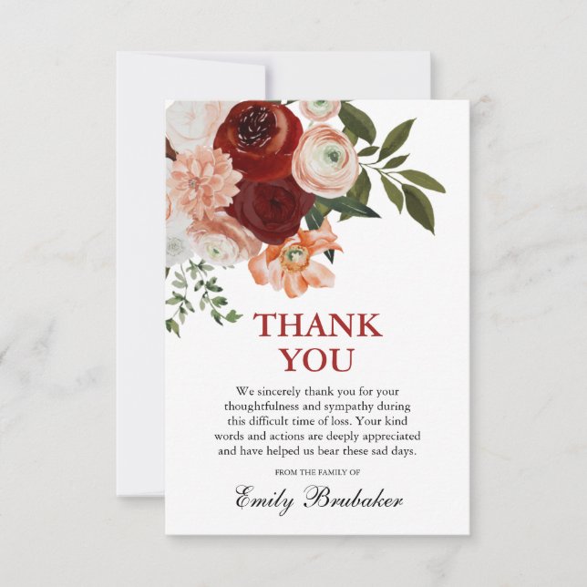 Burgundy Red Dusty Terracotta Floral Funeral Thank You Card (Front)