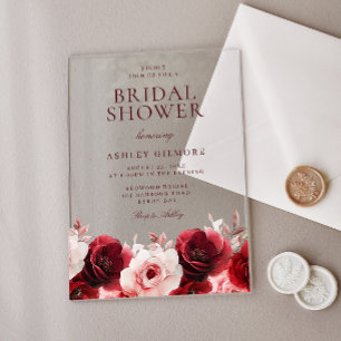 Burgundy Red Elegance: Red Rose Bridal Shower Acrylic Invitations